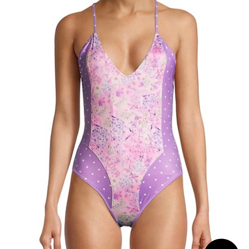 LoveShackFancy Purple Pansy Floral Shailee One Piece Swimsuit Small.